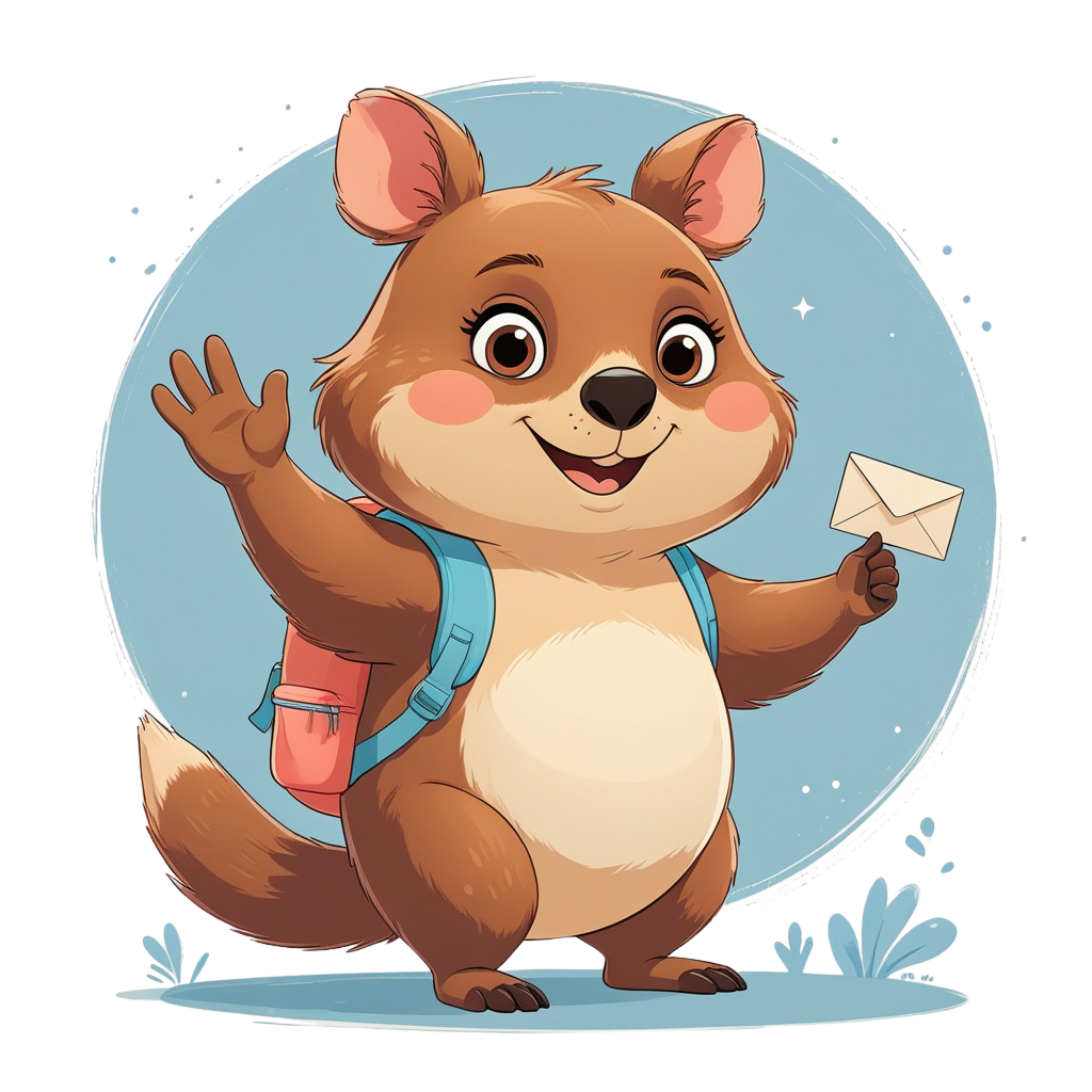 Coco the quokka waving hello with a letter in hand
